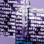 Abstract glass surfaces reflecting digital text create a mysterious tech ambiance.